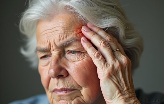Symptom Riesenzellenarteriitis Frau greift schmerzerfüllt an ihre Schläfe